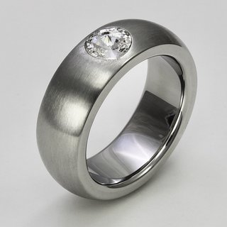 Ring aus mattiertem und poliertem Edelstahl mit hochwertig geschliffenem weißen Glasstein - 8 mm - Fingerring - Größe 50