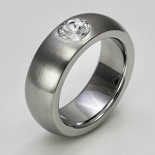 Ring aus mattiertem und poliertem Edelstahl mit hochwertig geschliffenem weißen Glasstein - 8 mm - Fingerring - Größe 52
