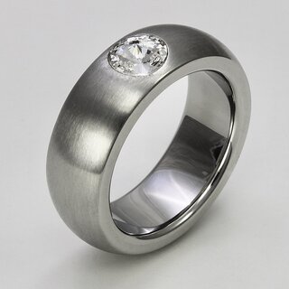 Ring aus mattiertem und poliertem Edelstahl mit hochwertig geschliffenem weien Glasstein - 8 mm - Fingerring - Gre 52