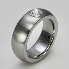 Ring aus mattiertem und poliertem Edelstahl mit hochwertig geschliffenem weißen Glasstein - 8 mm - Fingerring - Größe 54