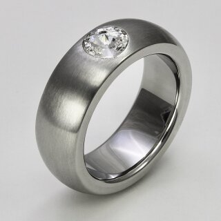 Ring aus mattiertem und poliertem Edelstahl mit hochwertig geschliffenem weißen Glasstein - 8 mm - Fingerring - Größe 58