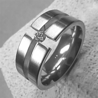 Extravaganter Spannring  aus Edelstahl mit weiem Zirkonia und geteilter Ringschiene - 8 mm - Fingerring - Gre 48