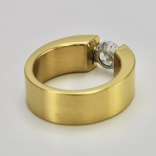 Eleganter Ring aus vergoldetem Edelstahl mit weißem hochwertig geschliffenem Glasstein - Spannringdesign - Größe 50