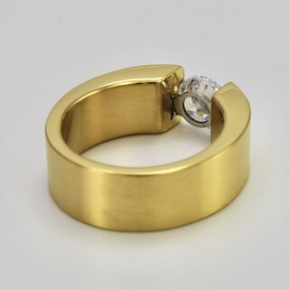 Eleganter Ring aus vergoldetem Edelstahl mit weißem hochwertig geschliffenem Glasstein - Spannringdesign - Größe 52