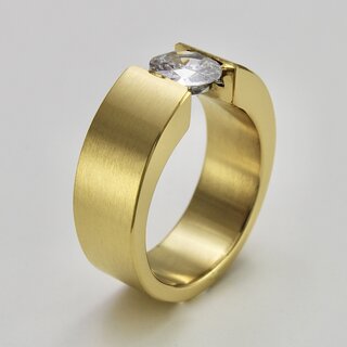 Eleganter Ring aus vergoldetem Edelstahl mit weißem hochwertig geschliffenem Glasstein - Spannringdesign - Größe 54