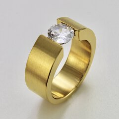Eleganter Ring aus vergoldetem Edelstahl mit weißem hochwertig geschliffenem Glasstein - Spannringdesign - Größe 58