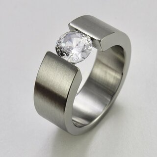 Eleganter Ring aus Edelstahl mit weißem hochwertig geschliffenem Glasstein - Spannringdesign - Fingerring - Größe 50