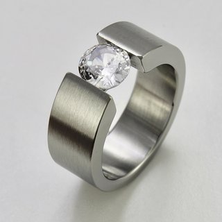 Eleganter Ring aus Edelstahl mit weißem hochwertig geschliffenem Glasstein - Spannringdesign - Fingerring - Größe 54