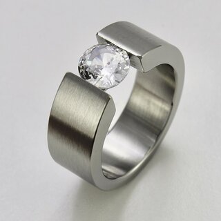 Eleganter Ring aus Edelstahl mit weiem hochwertig geschliffenem Glasstein - Spannringdesign - Fingerring - Gre 64