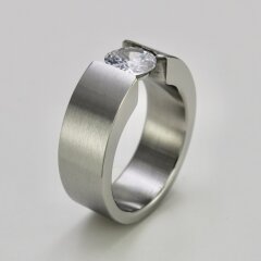 Eleganter Ring aus Edelstahl mit weißem hochwertig geschliffenem Glasstein - Spannringdesign - Fingerring - Größe 64