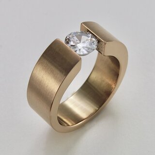 Eleganter Ring aus rosvergoldetem Edelstahl mit weiem hochwertig geschliffenem Glasstein - Spannringdesign - Fingerring - Gre 54
