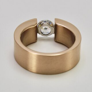Eleganter Ring aus rosévergoldetem Edelstahl mit weißem hochwertig geschliffenem Glasstein - Spannringdesign - Fingerring - Größe 54