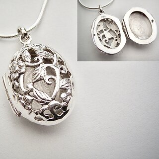 Ovales Medaillon aus 925er Silber mit Blüten und Ranken - Kettenanhänger - Sterlingsilber