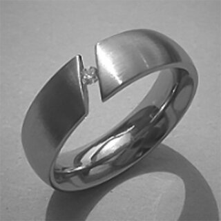 Asymmetrischer Spannring aus fein mattiertem Edelstahl mit weißem Zirkonia - 6 mm - Fingerring - Größe 54