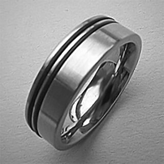 Ring aus edel mattiertem Edelstahl mit Inlays aus schwarzem Kautschuk - 7 mm - Fingerring - Größe 50
