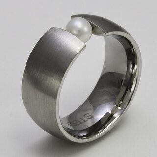 Spannring aus mattiertem Edelstahl mit weier Zuchtperle - 9 mm - Perlenring - Fingerring - Gre 54