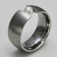 Spannring aus mattiertem Edelstahl mit weißer Zuchtperle - 9 mm - Perlenring - Fingerring - Größe 61