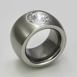 Breiter Ring aus Edelstahl mit weißem geschliffenen Glasstein - Abgerundete Ringschiene - 14 mm - Fingerring