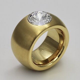 Breiter Ring aus vergoldetem Edelstahl - weißer hochwertig geschliffener Glasstein - 14mm - abgerundet
