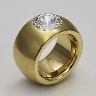 Breiter Ring aus vergoldetem Edelstahl - weier hochwertig geschliffener Glasstein - 14mm - abgerundet - Gre 62