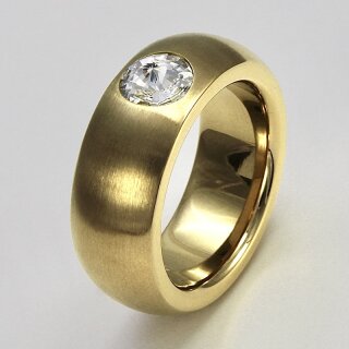 Ring aus vergoldetem Edelstahl mit hochwertig geschliffenem weißen Glasstein - 8mm - Fingerring - Größe 54