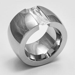 Breiter Ring aus glänzend poliertem Edelstahl mit großem weißen Glaskristall - 15 mm - Edelstahlring - Fingerring