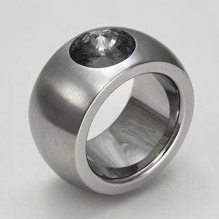 Breiter Ring aus mattiertem Edelstahl mit hochwertig geschliffenem grauen Glasstein - 14 mm - Fingerring - Größe 52