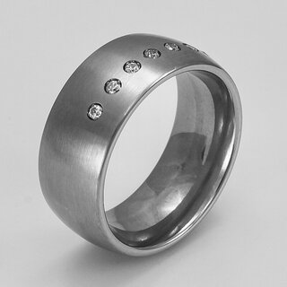 Edler Ring aus fein mattiertem Edelstahl mit 7 weien Zirkonia - 9 mm - Fingerring - Gre 49